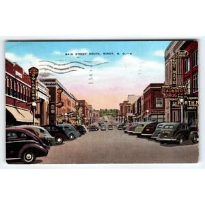 Vintage Main Street South Minot ND Linen Postcard with 1942 Postmark Old Cars